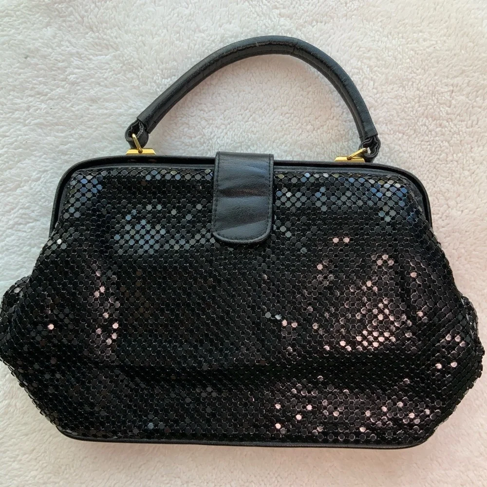 Vintage Satchel Bag Black Mesh Evening Holiday Hinge Close